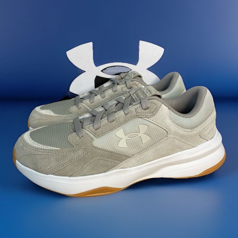 Under Armour Mens 9.5 Charged Edge Suede Beige Athletic Running Shoes Comfort
